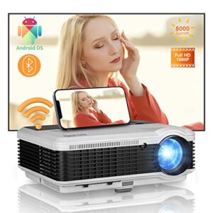 smart projector with bluetooth wifi, 8000 lumen home theater projector with 200″ display video gaming, outdoor movie android projector zoom wireless mirroring for phone hdmi dvd tv stick laptop pc usb