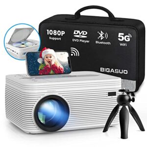 bigasuo 5g wifi projector with dvd player – 1080p supported home projector with bluetooth & zoom, portable outdoor movie projector with carry bag & tripod compatible with phone/laptop/ps4/tv stick