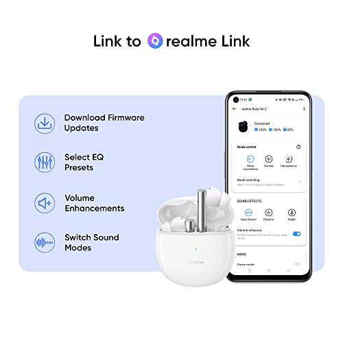 realme Buds Air 2 Earphone 25h Battery Life IPX5 Waterproof Transparency Mode Active Noise Cancellation Hi-Fi 88ms Super Low Latency Bass Boost Driver, White