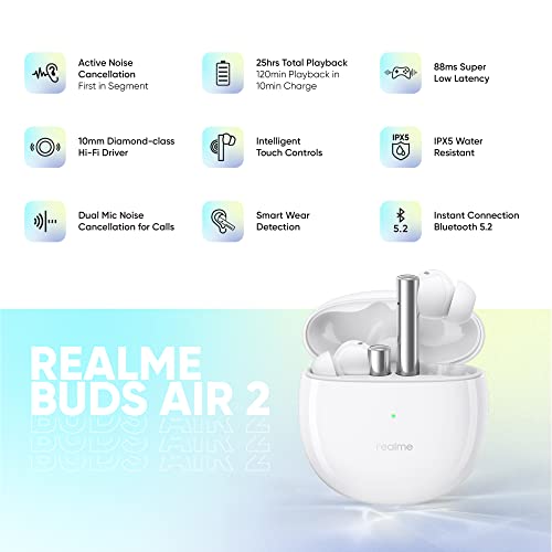 realme Buds Air 2 Earphone 25h Battery Life IPX5 Waterproof Transparency Mode Active Noise Cancellation Hi-Fi 88ms Super Low Latency Bass Boost Driver, White