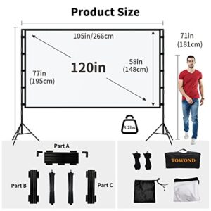 Projector Screen and Stand,Towond 120 inch Portable Projector Screen Indoor Outdoor Projector Screen 16:9 4K HD Wrinkle-Free Lightweight Movie Screen with Carry Bag for Backyard Movie Night