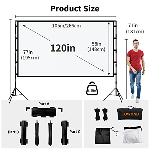 Projector Screen and Stand,Towond 120 inch Portable Projector Screen Indoor Outdoor Projector Screen 16:9 4K HD Wrinkle-Free Lightweight Movie Screen with Carry Bag for Backyard Movie Night