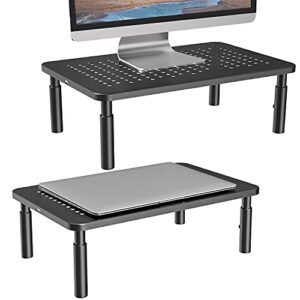 wali monitor stand riser, adjustable laptop stand riser holder, 3 height adjustable underneath storage for office supplies (stt003-2), 2 pack, black