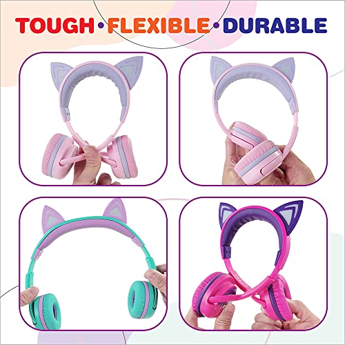 FosPower Bluetooth Kids Headphones with 3.5mm Audio Cable Included, Up to 50 Hours of Playtime & LED Light Up Ears, Wireless or Cable Connected Headphones for Kids (Max 85dB) - Hot Pink/Purple