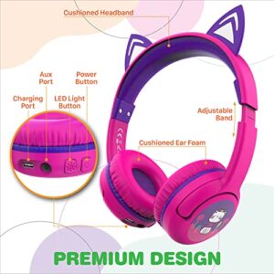 FosPower Bluetooth Kids Headphones with 3.5mm Audio Cable Included, Up to 50 Hours of Playtime & LED Light Up Ears, Wireless or Cable Connected Headphones for Kids (Max 85dB) - Hot Pink/Purple