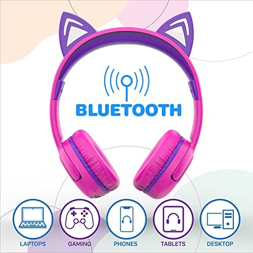 FosPower Bluetooth Kids Headphones with 3.5mm Audio Cable Included, Up to 50 Hours of Playtime & LED Light Up Ears, Wireless or Cable Connected Headphones for Kids (Max 85dB) - Hot Pink/Purple