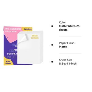 Premium Printable Vinyl Sticker Paper for Inkjet Printer - 25 Matte White Waterproof Decal Paper Sheets - Dries Quickly and Holds Ink Beautifully