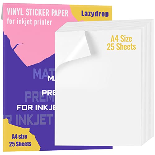 Premium Printable Vinyl Sticker Paper for Inkjet Printer - 25 Matte White Waterproof Decal Paper Sheets - Dries Quickly and Holds Ink Beautifully