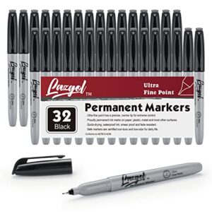 ultra fine permanent marker bulk, lazgol 32 pack ultra fine point black permanent marker set, felt tip pens works on plastic, wood, stone, metal and glass for doodling, marking
