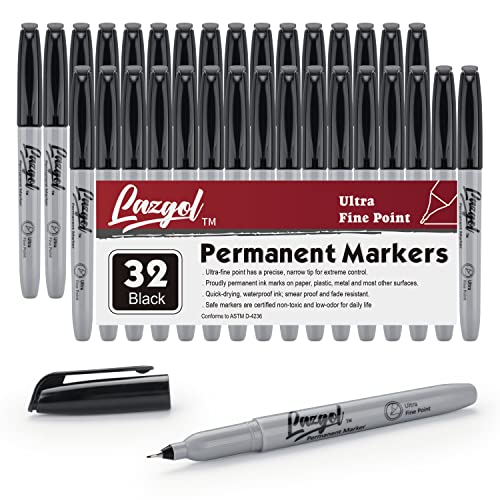 Ultra Fine Permanent Marker Bulk, Lazgol 32 Pack Ultra Fine Point Black Permanent Marker set, Felt Tip Pens Works on Plastic, Wood, Stone, Metal and Glass for Doodling, Marking