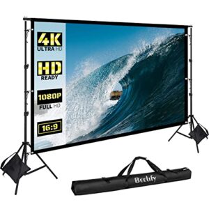 beelify projector screen with stand, 120 inch indoor outdoor portable projection screen, 16:9 hd 4k outdoor movie screens for party cinema and camping