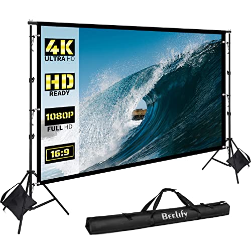 BEELIFY Projector Screen with Stand, 120 Inch Indoor Outdoor Portable Projection Screen, 16:9 HD 4K Outdoor Movie Screens for Party Cinema and Camping