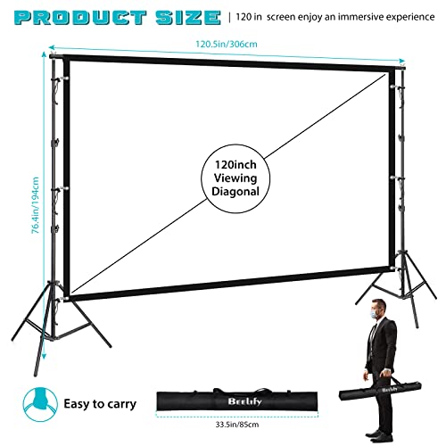 BEELIFY Projector Screen with Stand, 120 Inch Indoor Outdoor Portable Projection Screen, 16:9 HD 4K Outdoor Movie Screens for Party Cinema and Camping