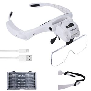 yoctosun head magnifier with 5 led lights, rechargeable headband magnifying glass with 5 interchangeable 1.2x, 1.8x, 2.5x, 3.5x, 4.5x lenses, great magnifying glasses for jewelry, arts and crafts