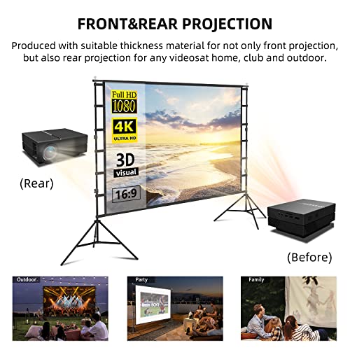 Projector Screen and Stand, 100 inch Portable Projection Screen 16:9 4K HD Rear Front Projections Movies Screen for Indoor Outdoor Home Theater Backyard(100)