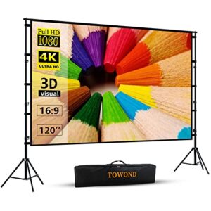 projector screen and stand,towond 120 inch outdoor projection screen, portable 16:9 4k hd rear front movie screen with carry bag wrinkle-free design for home theater backyard cinema