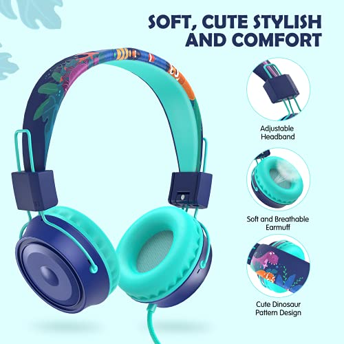 BraveKoi Kids Headphones, 3.5mm Wired Headphones for Kids, On-Ear Headphones for Boys with Microphone, Children Headphones for Study/School/Online Course/Tablet/Kindle/iPad(Blue)