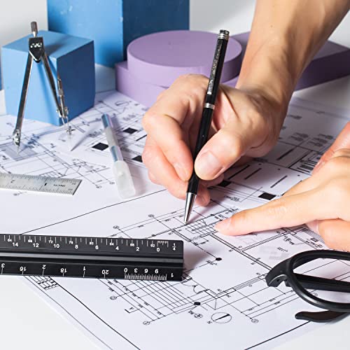 Architectural Scale Ruler Set, 2 Pack 12 Inch Aluminum Architect Ruler with Standard Metal Ruler, Imperial Architect Triangular Ruler with Etching for Architects, Engineers, Students and Draftsman