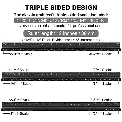 Architectural Scale Ruler Set, 2 Pack 12 Inch Aluminum Architect Ruler with Standard Metal Ruler, Imperial Architect Triangular Ruler with Etching for Architects, Engineers, Students and Draftsman