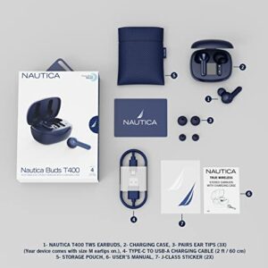 Nautica T400 True Wireless Earbuds, Bluetooth v5.1 TWS in-Ear Earphones with Built-in Mic, Wireless Bluetooth Earbuds with Charging case Touch Control, Ergonomic Design Sweat-Proof USB-C (Navy)