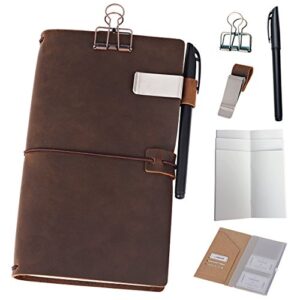 newestor refillable leather journal travelers notebook – 8.5 x 4.5 travel diary with 5 inserts + pen holder and binder clip, standard size, brown