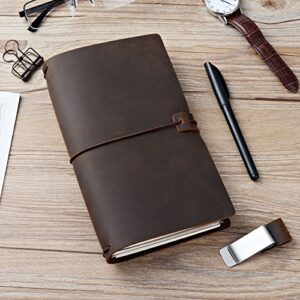 newestor Refillable Leather Journal Travelers Notebook - 8.5 x 4.5 Travel Diary with 5 Inserts + Pen Holder and Binder Clip, Standard Size, Brown