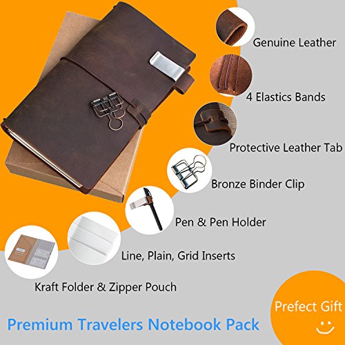 newestor Refillable Leather Journal Travelers Notebook - 8.5 x 4.5 Travel Diary with 5 Inserts + Pen Holder and Binder Clip, Standard Size, Brown