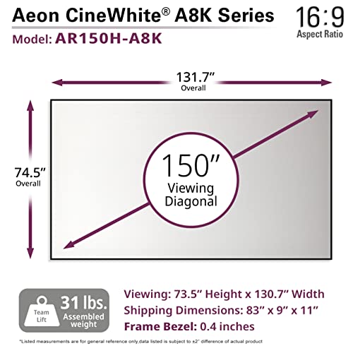 Elite Screens Aeon CineWhite A8K, 150" Diag, 16:9 Aspect Ratio, ISF Certified 8K Ultra HD Home Theater Fixed Frame Edge Free Projection Sound Transparent Perforated Weaved Screen, AR150H-A8K