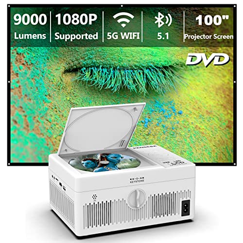 PANSEBA 5G WiFi Bluetooth Projector Built in DVD Player with Projector Screen, Full HD Supported Mini Portable DVD Projector, Outdoor Movie Projector Compatible with iOS/Android/TV Stick/HDMI/USB/TF