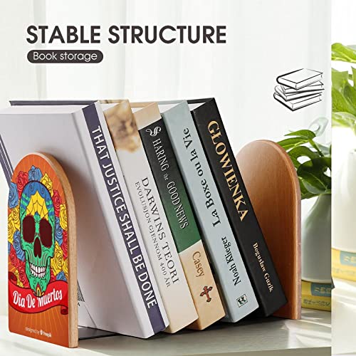 Pack of 2 Bookend Sugar Skulls Non-Slip Book Stand Wooden Bookshelf Books Holder for Home Desk Office Library