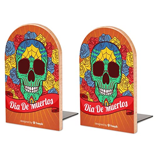 Pack of 2 Bookend Sugar Skulls Non-Slip Book Stand Wooden Bookshelf Books Holder for Home Desk Office Library