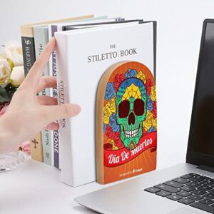 Pack of 2 Bookend Sugar Skulls Non-Slip Book Stand Wooden Bookshelf Books Holder for Home Desk Office Library