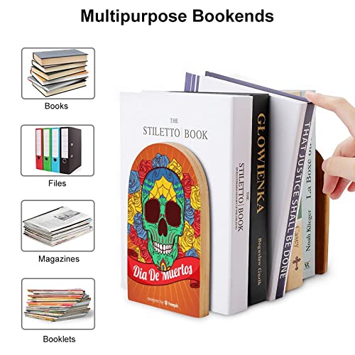 Pack of 2 Bookend Sugar Skulls Non-Slip Book Stand Wooden Bookshelf Books Holder for Home Desk Office Library