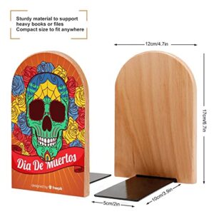 Pack of 2 Bookend Sugar Skulls Non-Slip Book Stand Wooden Bookshelf Books Holder for Home Desk Office Library