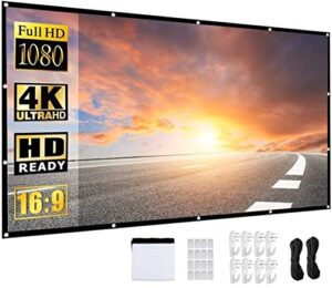 nmeplad projector screen 120inch,portable movie screen for outdoor indoor,4k 16:9 hd foldable wrinkle-free screen,1.1 gain,160°viewing,support front rear projection with 16sticky hooks & 8 nail hooks