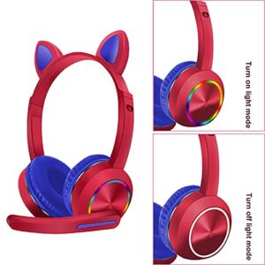 Wireless Gaming Headset with Cute Cat Ears, Comfortable Adjustable Headband Bluetooth 5.0 Headset with Mic, LED Light for Girls, Women (Pink)