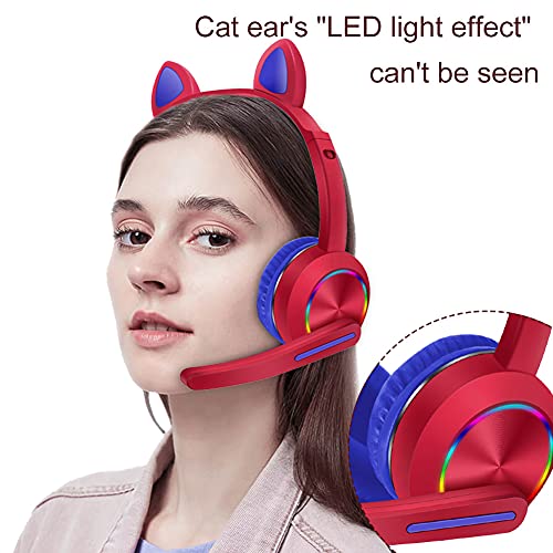 Wireless Gaming Headset with Cute Cat Ears, Comfortable Adjustable Headband Bluetooth 5.0 Headset with Mic, LED Light for Girls, Women (Pink)