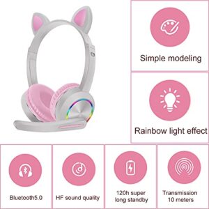 Wireless Gaming Headset with Cute Cat Ears, Comfortable Adjustable Headband Bluetooth 5.0 Headset with Mic, LED Light for Girls, Women (Pink)