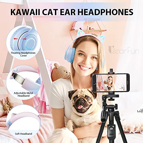 QearFun Cat Ear Kids Bluetooth Headphones for Girls for School, Foldable Wired Gaming Headset with Microphone & 3.5mm Jack, Adjustable Headband Teens Toddlers Wireless Earphones for Tablet/PC Pink