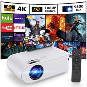 mini projector, cinop video projector native 1080p projector 4k hd movie portable projector 9500l home tv projector led outdoor projector compatible with iphone tv stick laptop hdmi usb vga av