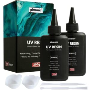 piccassio uv resin 200g – upgraded clear hard type uv glue – rapid cure craft resin using uv light – casting and coating – make diy crafts – jewelry, keychains, clear-cast parts in minutes