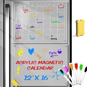 acrylic magnetic dry erase calendar board for fridge, 16”x12” monthly calendar&blank dry erase board for fridge, 90% stronger-magnetic whiteboard planner also for stainless steel 6 markers 1 eraser