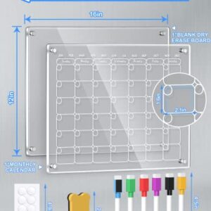 Acrylic Magnetic Dry Erase Calendar Board for Fridge, 16''x12'' Monthly Calendar&Blank Dry Erase Board for Fridge, 90% Stronger-Magnetic Whiteboard Planner Also for Stainless Steel 6 Markers 1 Eraser