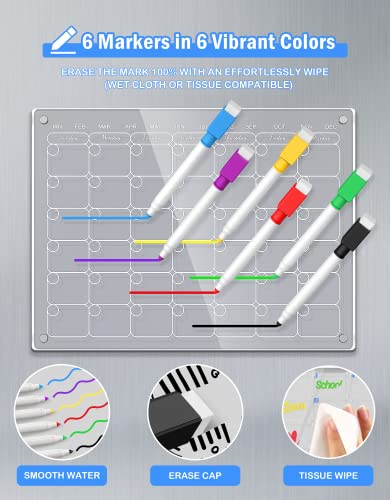 Acrylic Magnetic Dry Erase Calendar Board for Fridge, 16''x12'' Monthly Calendar&Blank Dry Erase Board for Fridge, 90% Stronger-Magnetic Whiteboard Planner Also for Stainless Steel 6 Markers 1 Eraser