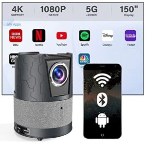 native 1080p portable projector, mini 5g wifi projector with android 9.0, smart bilateral bluetooth projector for wireless phone connection, support 4k outdoor movie,dolby audio home theater,hdmi usb