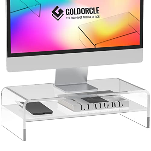 GOLDORCLE 2-Tier Acrylic Monitor Stand Riser Clear Computer Monitor Stand for Laptop PC Printer Computer Riser Acrylic Tray Laptop Storage Shelf (Medium)