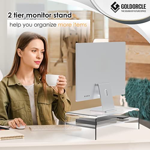 GOLDORCLE 2-Tier Acrylic Monitor Stand Riser Clear Computer Monitor Stand for Laptop PC Printer Computer Riser Acrylic Tray Laptop Storage Shelf (Medium)