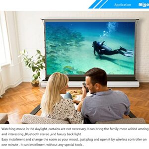 MIGO 120inch White Electric Motorized Floor Rising Tab Tension Pull up Projector Screen with The PET Crystal Slimline ALR ambieht Light for The UST 4k Projector