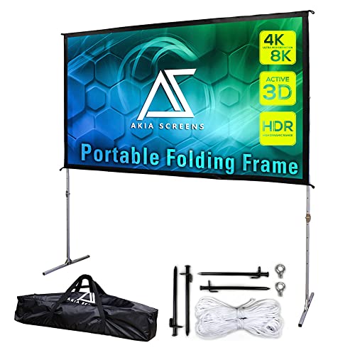 Akia Screens 120 inch Portable Outdoor Projector Screen with Stand and Bag 16:9 8K 4K Ultra HD 3D Adjustable Height Foldable Projection Screen Silver for Movie Video Home Theater AK-OS120H1