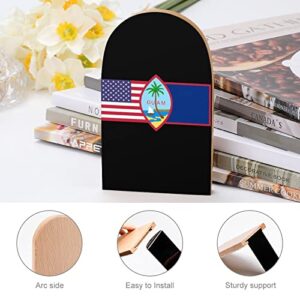 Guam Flag & American Flag Wood Book Ends for Shelves Non-Skid Bookend Book Stand Book Holder Stopper for Home Office School